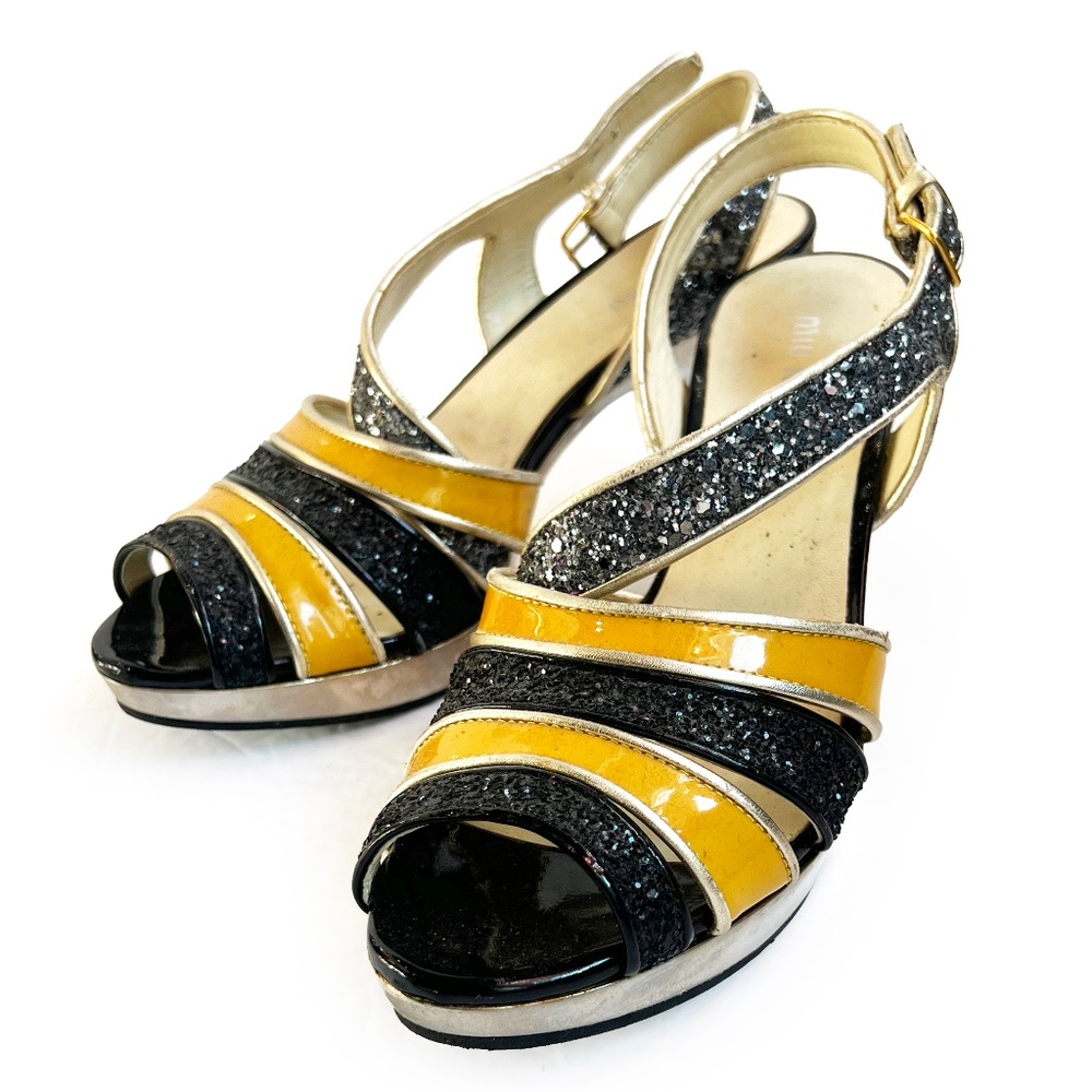 Miu Miu Vernice Slingback Gray and Silver Sparkle Leather Sandals